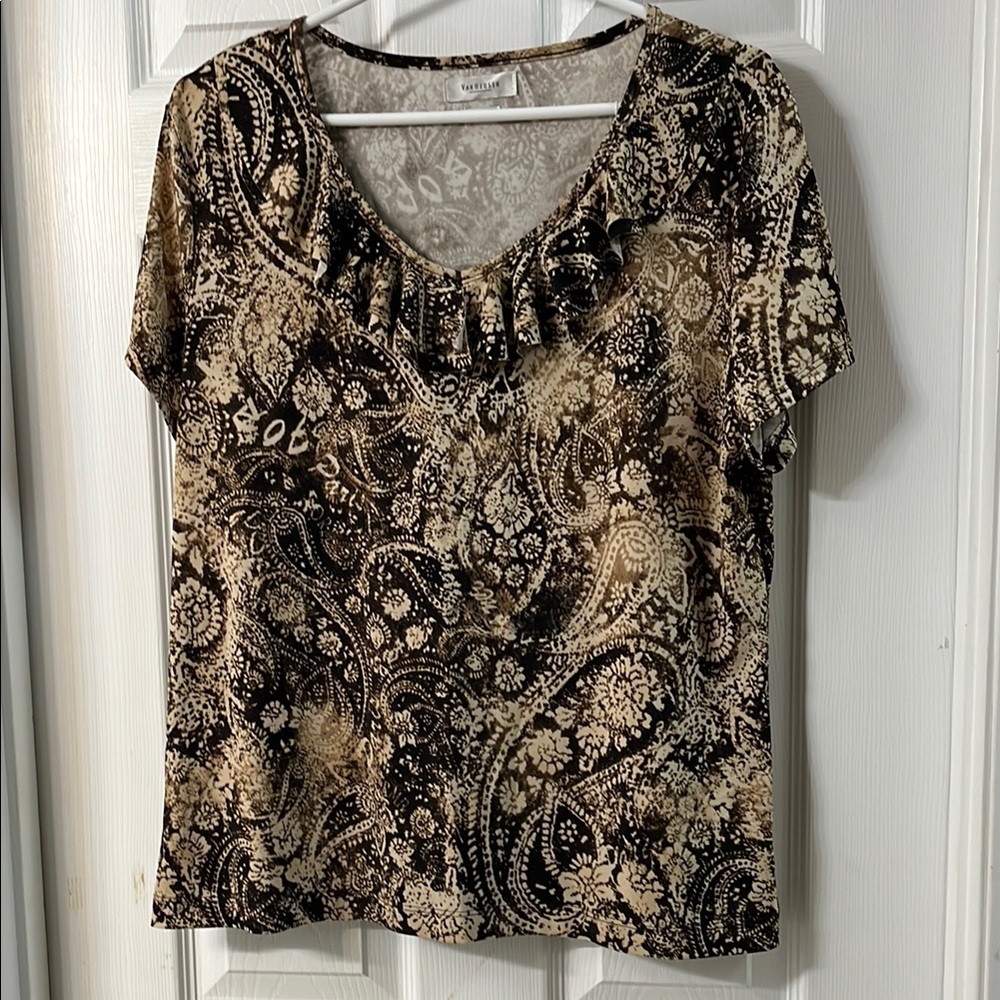 Van Heusen Ruffled Short Sleeve Blouse Brown and Tan